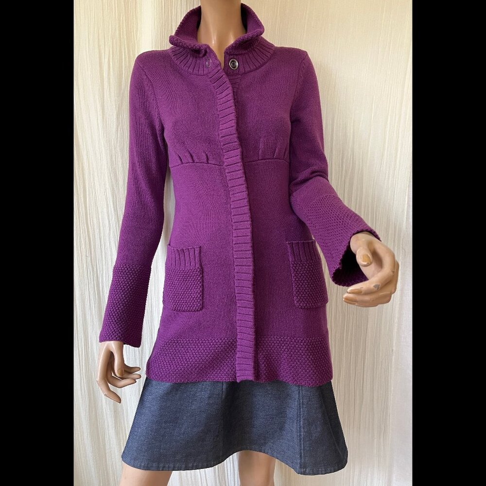 Athleta long cardigan coat sweater cotton cashmere purple snaps pockets XS